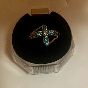 Blue Faceted Stone Cross Ring Size 6